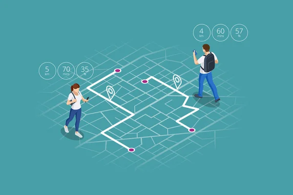 Concepto de navegación GPS isométrico. Turista viajando con su smartphone con lugares favoritos previamente guardados en el mapa. Mapa de la ciudad ruta de navegación smartphone, marcador de punto de teléfono. — Vector de stock