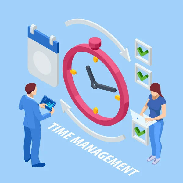 Concepto isométrico de gestión del tiempo. Planificar actividades de capacitación programar puntos de control. Gestión de eventos, gestión empresarial, comercio electrónico, gestión del tiempo. — Vector de stock