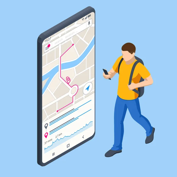 Koncepcja nawigacji izometrycznej GPS. Turysta podróżujący za pomocą smartfona z wcześniej zapisanymi ulubionymi miejscami na mapie. Mapa miasta trasa nawigacja smartfon, marker punkt telefoniczny. — Wektor stockowy