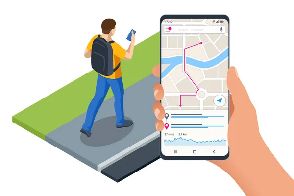 Koncepcja nawigacji izometrycznej GPS. Turysta podróżujący za pomocą smartfona z wcześniej zapisanymi ulubionymi miejscami na mapie. Mapa miasta trasa nawigacja smartfon, marker punkt telefoniczny. — Wektor stockowy