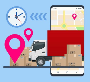 Modern teknoloji ile teslimat hizmeti. İzleme sistemi. Mobil Uygulama. Karton kutulu, cep telefonlu kargo kamyonu..