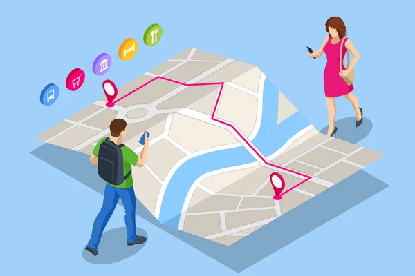 Izometrický navigační koncept GPS. Turistický cestování pomocí svého smartphonu s dříve uložených oblíbených míst na mapě. Mapa města navigační smartphone, značka telefonního bodu. — Stockový vektor