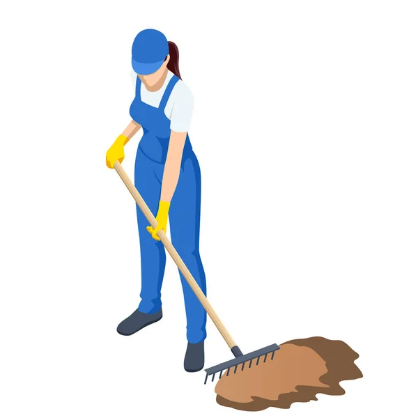 Γεωργικές εργασίες. Γυναίκα που εργάζεται στον κήπο με τσουγκράνα ισοστάθμιση έδαφος. Προετοιμασία του εδάφους για σπορά και φύτευση, εργαλεία κήπου, κηπουρική, τσουγκράνα, χώμα, υπαίθρια εργασία. — Διανυσματικό Αρχείο