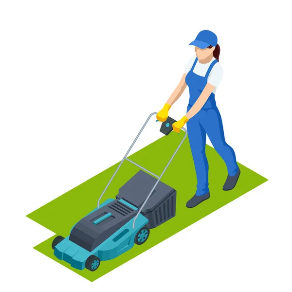 Tarım işi. Kadın çim biçme makinesi bahçede çiftçi hasadı kesiyor. Yeşil çimlerin üzerinde çim biçme makinesi. Çimleri biçmek için makine. — Stok Vektör