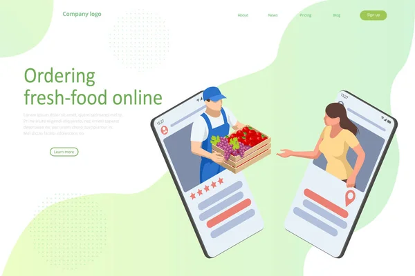 Online obchod s potravinami. Ekologické čerstvé produkty. Izometrická Ekologická farma potravin — Stockový vektor