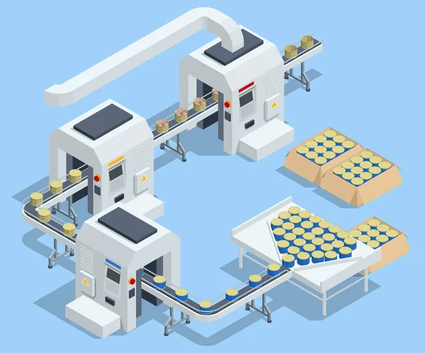 Изометрическая концепция рыболовства. Жестяные банки с рыбой на конвейере. Производство консервов. — стоковый вектор