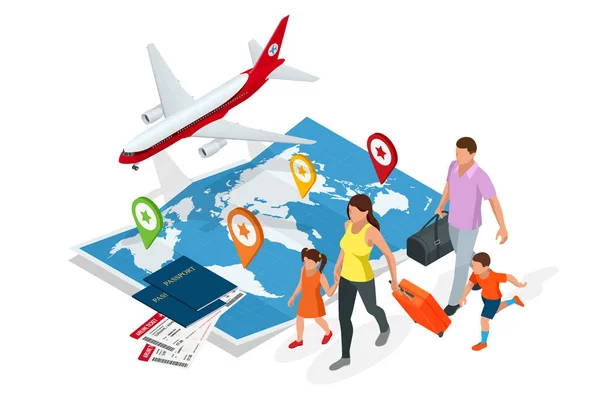 Isometric Business travel and tourism concept. Air tickets or boarding pass, passports on world map. Buying or booking online tickets. Family travel. — Stock Vector