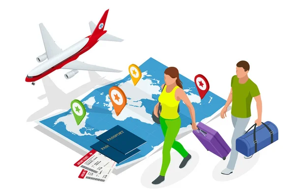 Ισομετρική έννοια επαγγελματικών ταξιδιών και τουρισμού. Αεροπορικά εισιτήρια ή κάρτα επιβίβασης, διαβατήρια στον παγκόσμιο χάρτη. Αγορά ή κράτηση online εισιτηρίων. — Διανυσματικό Αρχείο