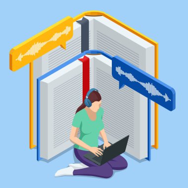Isometric Audiobooks konsepti. Ses formatında e-kitapları dinlemek. İnternette kitaplar. Çevrimiçi eğitim afişi