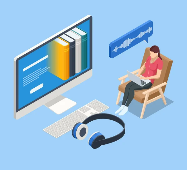 Isometrische Audioboeken concept. Luisteren naar e-books in audio-formaat. Boeken online. Online trainingsbanner — Stockvector