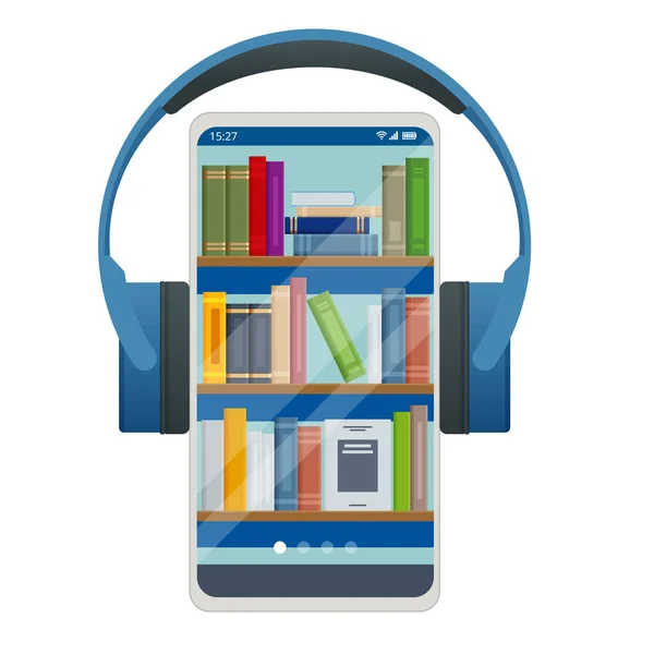 Concepto de audiolibros. Escuchar libros electrónicos en formato audio. Libros en línea, auriculares. Banner de formación en línea — Vector de stock