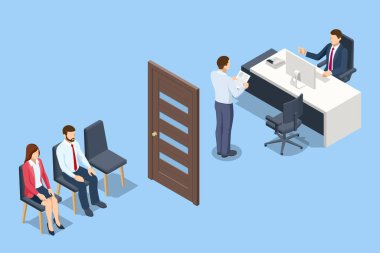 Isometric İnsan Kaynakları İş Bulma Mülakatı. İK yöneticisi ve çalışan adayı buluşup konuşuyor. İş görüşmesi, işe alım ajansı.