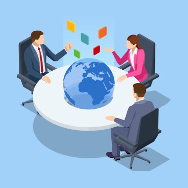 Isometric Business People Çalışıyor, Beyin Fırtınası, İş Kurumu Toplantısı konsepti. İş stratejisi kavramı.