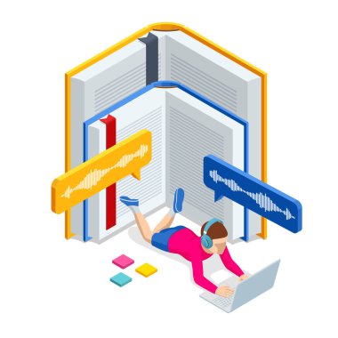 Isometric Audiobooks konsepti. Ses formatında e-kitapları dinlemek. İnternette kitaplar. Çevrimiçi eğitim afişi, Ebook ve Öğrenci
