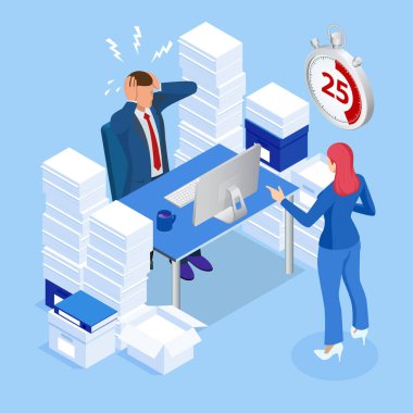 Isometric Project 'in son teslim tarihi. Zaman yönetimi başarıya giden yolda. Çok çalışan adam kavramının bitiş tarihi Zaman Yönetimi proje planlama zamanlaması.