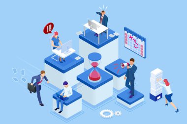 Isometric Project 'in son teslim tarihi. Zaman yönetimi başarıya giden yolda. Çok çalışan adam kavramının bitiş tarihi Zaman Yönetimi proje planlama zamanlaması.