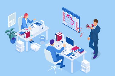 Isometric Project 'in son teslim tarihi. Zaman yönetimi başarıya giden yolda. Çok çalışan adam kavramının bitiş tarihi Zaman Yönetimi proje planlama zamanlaması.