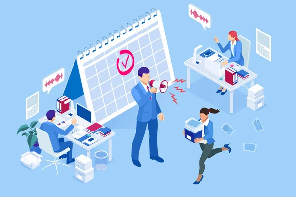 Isometric Project deadline. Time management on the road to success. Deadline Concept of overworked man Time to work Time management project plan schedule. — Stock Vector
