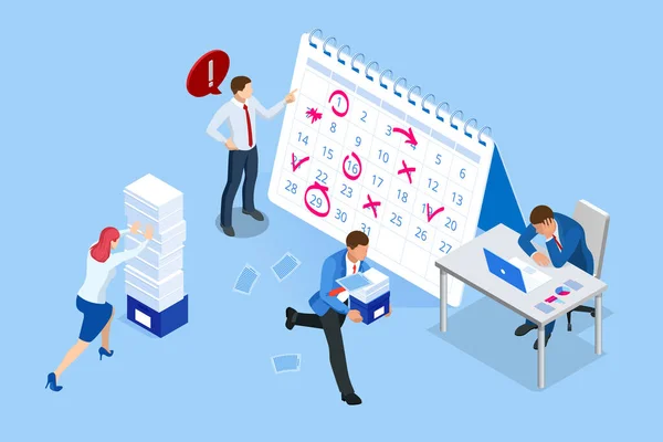 Fecha límite del Proyecto Isométrico. Gestión del tiempo en el camino hacia el éxito. Plazo Concepto del hombre sobrecargado de trabajo Tiempo para trabajar Horario del plan de proyecto de gestión del tiempo. — Archivo Imágenes Vectoriales