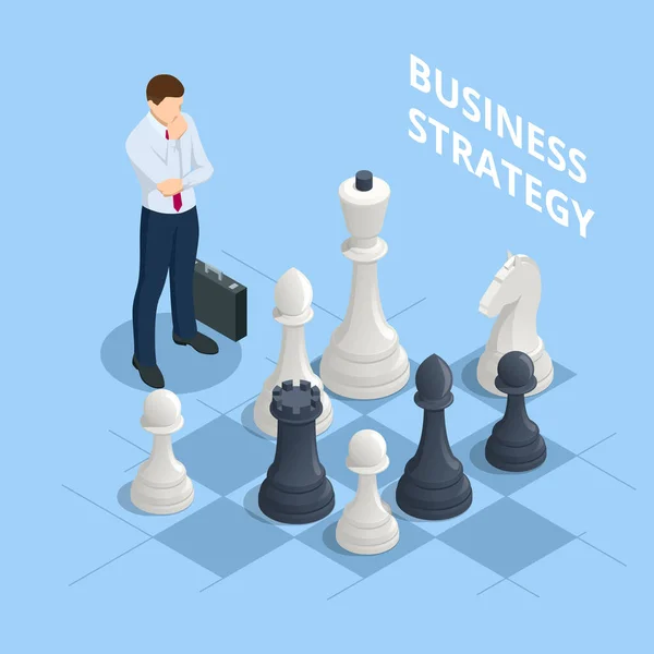Koncepce obchodní strategie. Izometričtí podnikatelé, kteří hrají šachovou partii a snaží se naplánovat strategii úspěchu. Dosažení cílů obchodní strategie pro výhru, management nebo vedení. — Stockový vektor