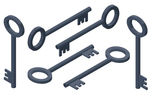 Iconos isométricos de la llave de la puerta vieja aislados en el fondo blanco. Clásico color negro llave de la puerta vieja. — Vector de stock