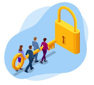 Anahtarı olan Isome işadamları ve anahtar delikleri olan bulutlar. Başarılı takım çalışması, iş projesinde işbirliği. Kapıyı aç..