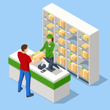 Isometric konsept Postane, posta kutusu. Postanede çalışanlar. Postanenin modern dış ve iç kısımları.