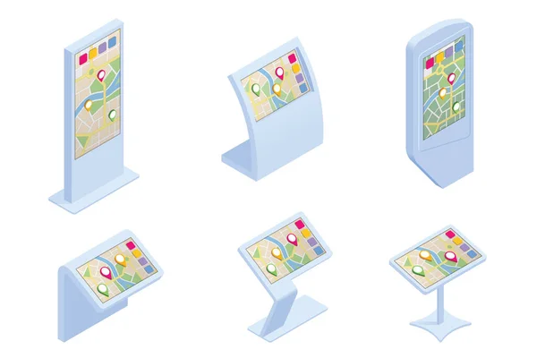 Quiosque de informações interativas promocionais isométricas, exibição de publicidade, suporte de terminal, tela sensível ao toque. Tela sensível ao toque interativa com mapa da cidade — Vetor de Stock