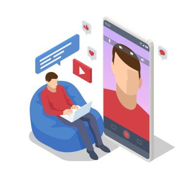 Isometric Video Blogger Kameralı Video Kaydı. Gazeteciyim. Öğretici Blogcu, Blog Online, Web Vlogger. Çevrimiçi Etkilendirici Vlog Kızı Cocial Media Canlı Buhar Konsepti