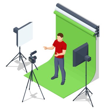 Isometric Video Blogger Kameralı Video Kaydı. Gazeteciyim. Öğretici Blogcu, Blog Online, Web Vlogger. Çevrimiçi Etkilendirici Vlog Kızı Cocial Media Canlı Buhar Konsepti