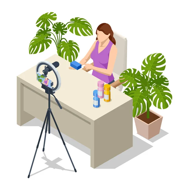 Isometrischer Videoblogger, der Videos mit einer Kamera aufzeichnet. Tutorial Blogger, Blog Online, Web Vlogger. Online Influencer Vlogger Girl Cocial Media Live Steaming Konzept — Stockvektor