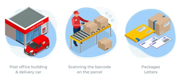 Isometriskt koncept för postkontor byggnad leverans bil, Scanning streckkoden på paketet och paket bokstäver. Posttjänster. — Stock vektor