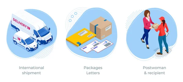 Concepto isométrico de envío internacional, cartas de paquetes y destinatario de correo. Oficina de correos y envío Express Periódico y diario — Vector de stock