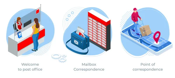 Concept isométrique de Bienvenue au bureau de poste, boîte aux lettres Correspondance et point de correspondance. Bureau de poste Service de poste — Image vectorielle