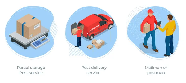 Isometric konsept Paket depolama, posta servisi ve posta servisi. Postane paketleri ve yazışmaları — Stok Vektör