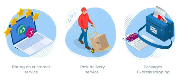 Müşteri hizmetleri, posta dağıtım hizmetleri ve paket nakliyat için Isometric konsepti. Postacı alıcısı — Stok Vektör