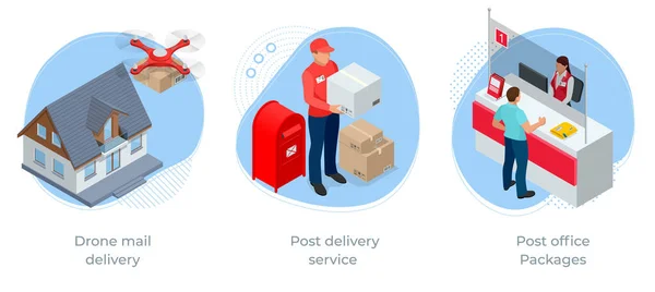 Isometrische concept van postkantoor, Drone postbezorging, Postbezorging, Pakketten. Exprespost — Stockvector