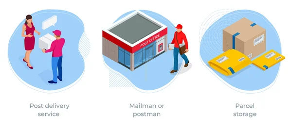 Isometric concept of Post office, Post deliver service, Mailman or postman, Parcel storage, Correspondence, Newspaper, Letters and Journal — стоковий вектор