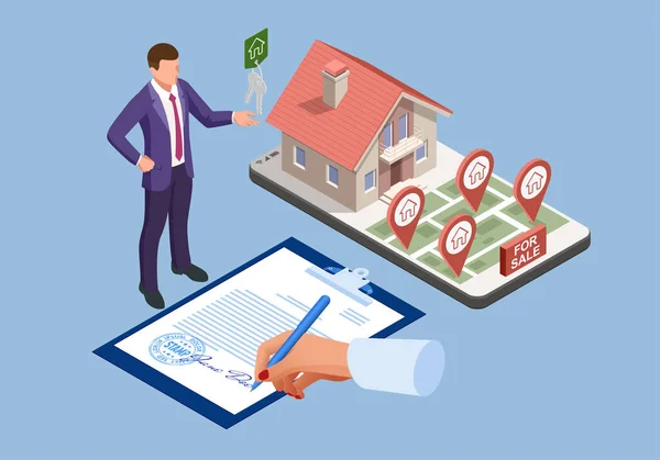 Isometric unterzeichnete Kauf- oder Leasingverträge für Immobilien. Käufer. Hypothek online, Kauf eines neuen Eigenheims online. Kauf, Verkauf oder Vermietung von Immobilien — Stockvektor
