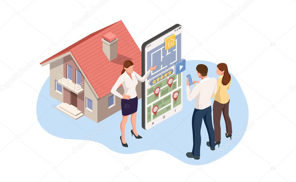 Isometric signed real estate purchase or lease agreement. Buyer. Mortgage online, new home buying online. Buying, selling or renting real estate