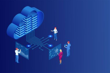 Bir sunucu tarafından temsil edilen Isometric bulut hesaplama kavramı, bir bulut temsil hologramı kavramı. Veri merkezi bulutu, bilgisayar bağlantısı, sunucu sunucusu, veritabanı senkronizasyonu teknolojisi