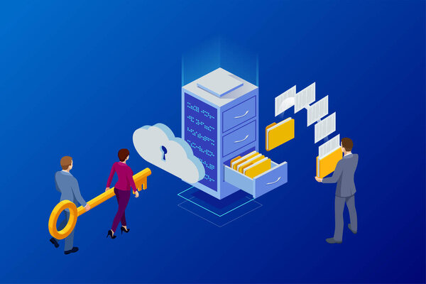 Isometric cloud computing concept represented by a server, with a cloud representation hologram concept. Data center cloud, computer connection, hosting server, database synchronize technology