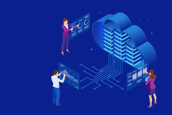 Concepto de computación en nube isométrica representado por un servidor, con un concepto holográfico de representación en la nube. Nube de centro de datos, conexión de computadora, servidor de alojamiento, tecnología de sincronización de base de datos — Vector de stock