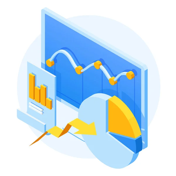 Isometrische Expert team voor Data Analyse, Business Statistic, Management, Consulting, Marketing. B2B. Gegevens en prestatie-indicatoren voor business intelligence analytics — Stockvector