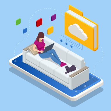 Isometric Bulut Teknolojisi. Evden Çalışan Kadın. Küresel Dış Kaynaklar, Uzak Çalışma ve Veri Depolama 'da Bulut Sistemi Kullananlar. Bulutlar bağlantılı belgeler.