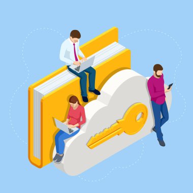 Isometric Bulut Teknolojisi. Ofiste çalışanlar. Küresel Dış Kaynaklar, Uzak Çalışma ve Veri Depolama 'da Bulut Sistemi Kullananlar. Bulutlar bağlantılı belgeler.