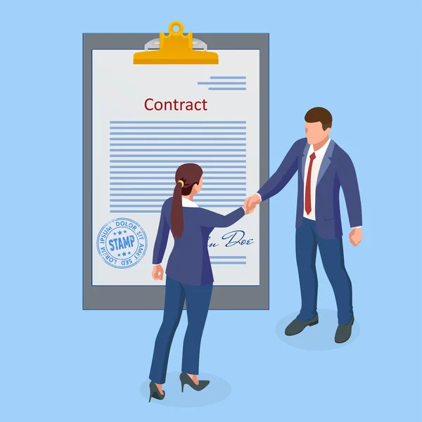 Isometric signed a contract with a stamp and with a signature. The form of the document. Business financial agreement or contract. Contract signing. — Stock Vector