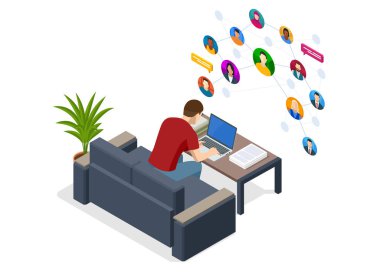 Isometric sosyal ağ konsepti. Erkek bilgisayarı kullanımı, sosyal medya, pazarlama konsepti. Çevrimiçi mesaj servisi. Sohbet uygulaması