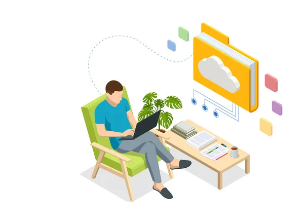 Isometric Cloud Technology. Man Working From Home. Global Outsourcing, People Using Cloud System in Distant Work and Data Storage. Clouds connected documents. — Stock Vector