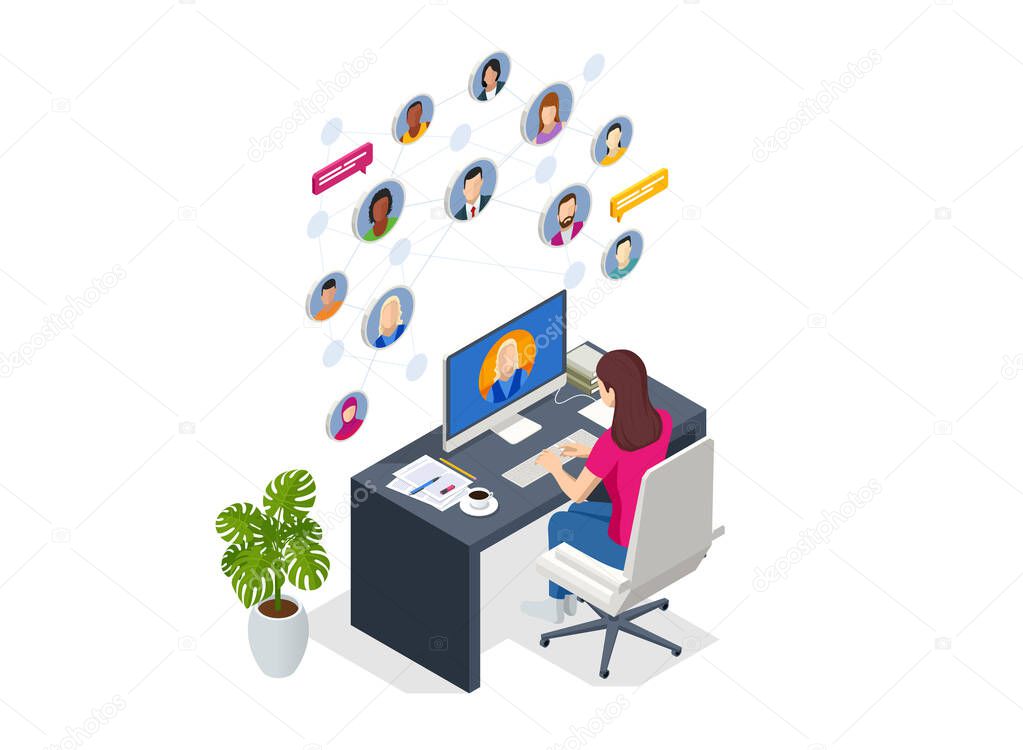 Isometric social network concept. Woman laptop using ,Social, media, Marketing concept. Online messaging service. Chatting mobile application